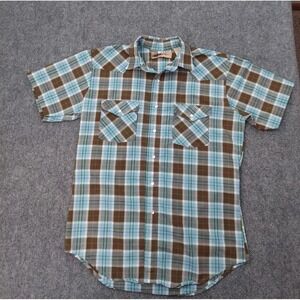 Vtg BIG MAC Western Shirt Mens Medium Brown Turqoise Plaid Pearl Snap USA Made